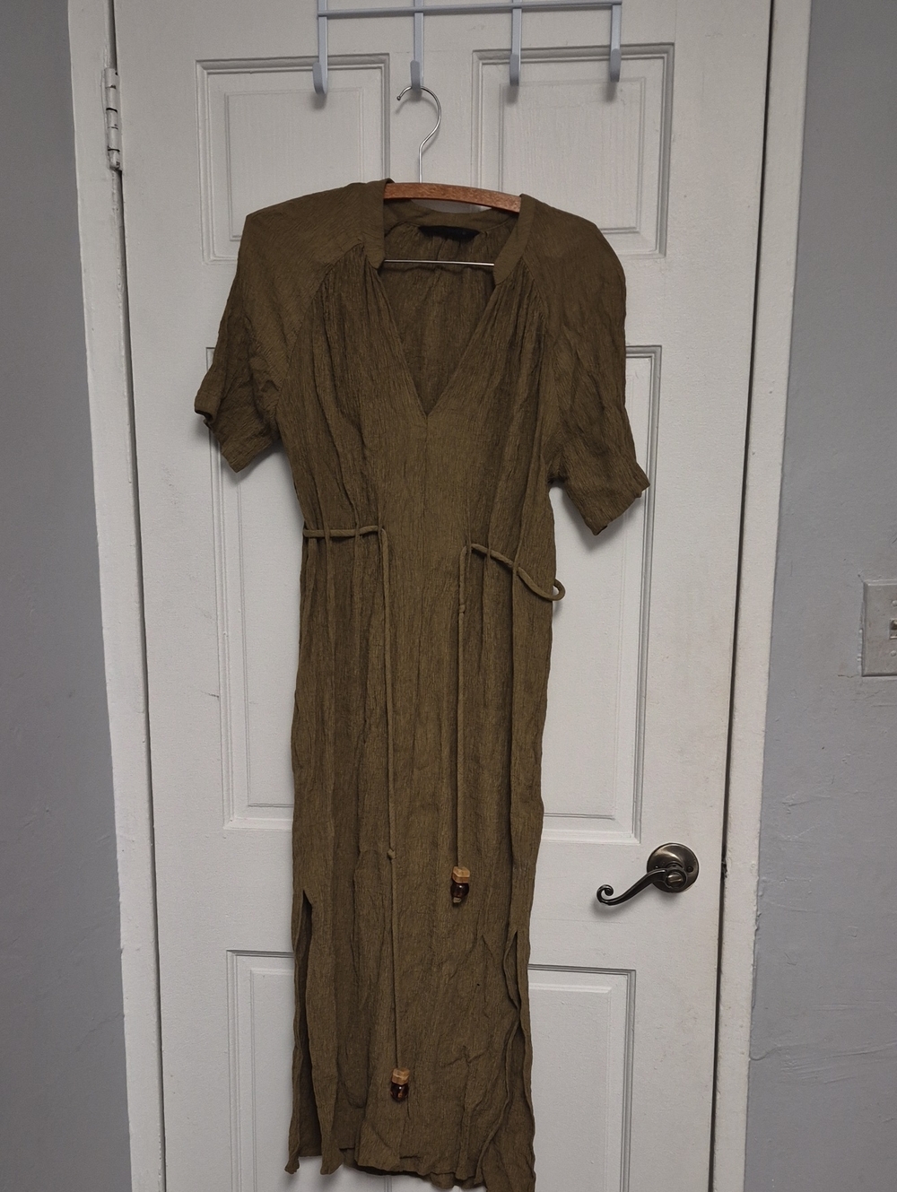 Zara Olive Midi Dress with V-Neck and Waist Ties